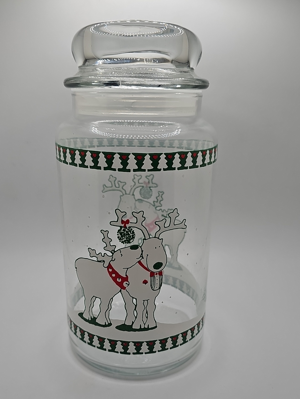 Vtg 90s Christmas Holiday Treat Jar Kissing Reindeers Cathy Hentz Design